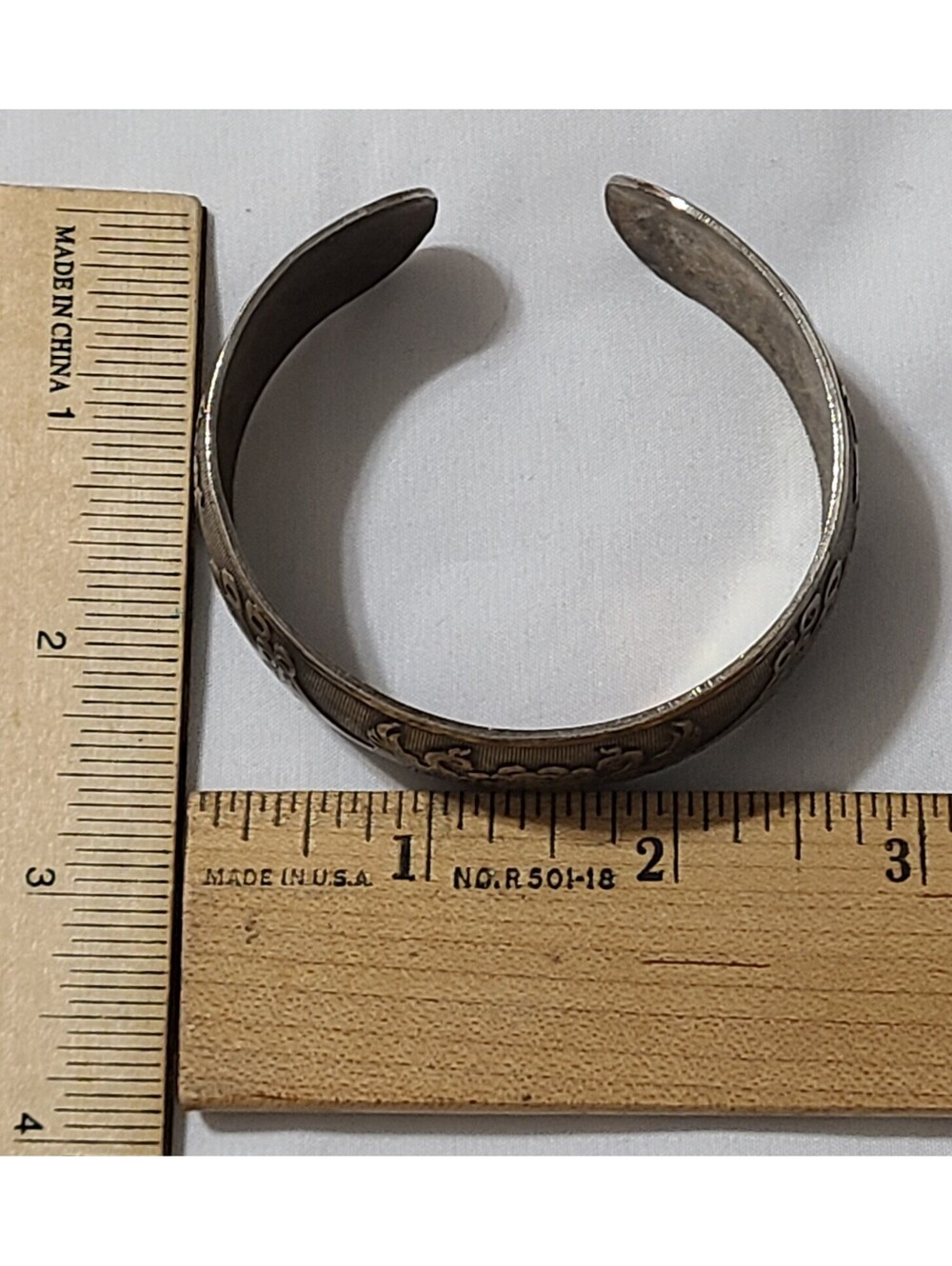 Vtg Chinese Export Silver Tone Peacock & Peony Wide Cuff Bracelet Etched Asian - Picture 2 of 8